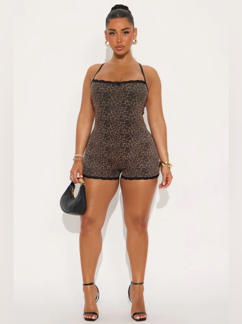 Leopard Print Lace-Trim Romper Brown